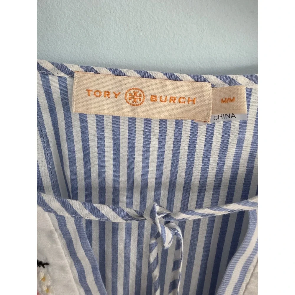 Tory Burch Tunic Dress Blue Striped Embroidered Boho Beach Dress Coverup Sz M